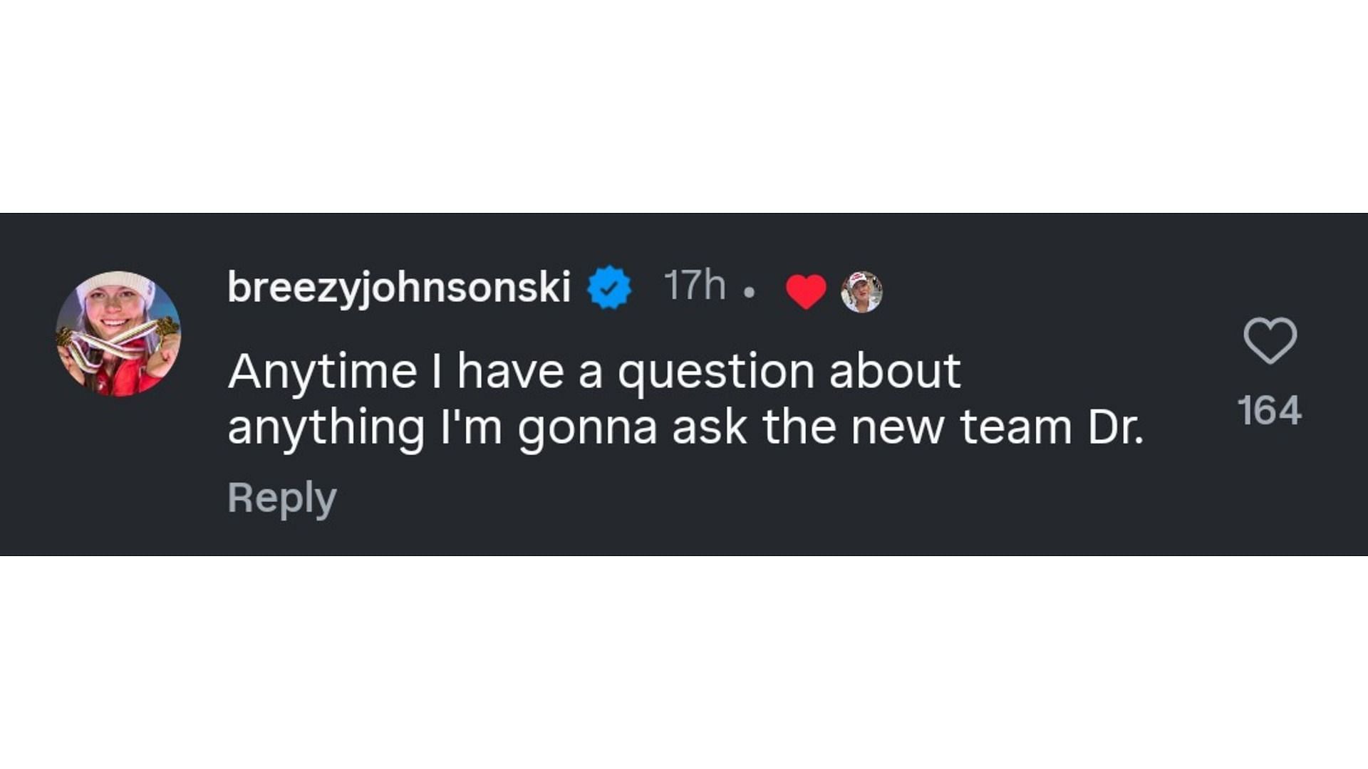 Johnson's comment on Shiffrin's post (Image via: Shiffrin's Instagram)